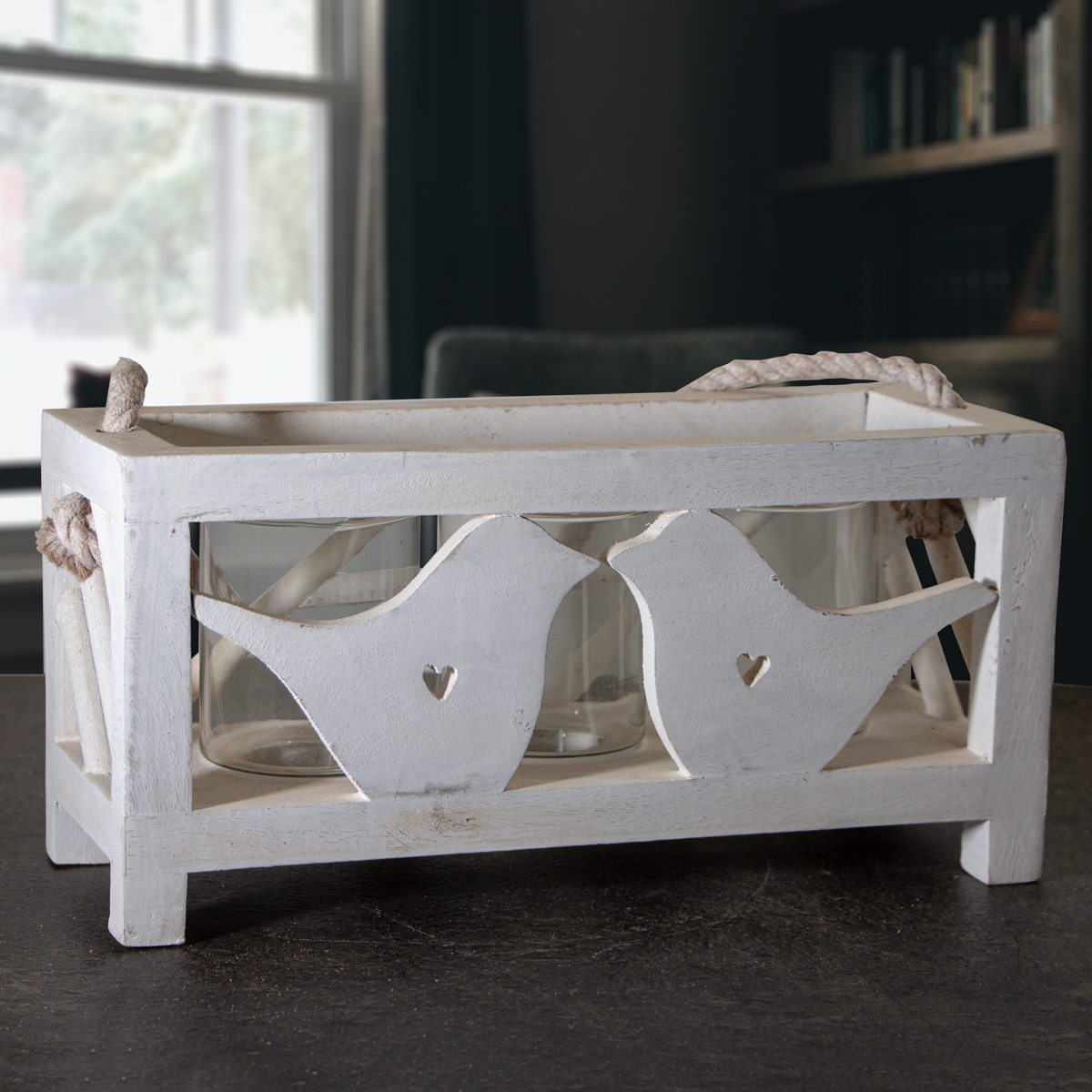 Laterne aus Holz, Windlicht, Weiß, Vögel, Chabby Chic