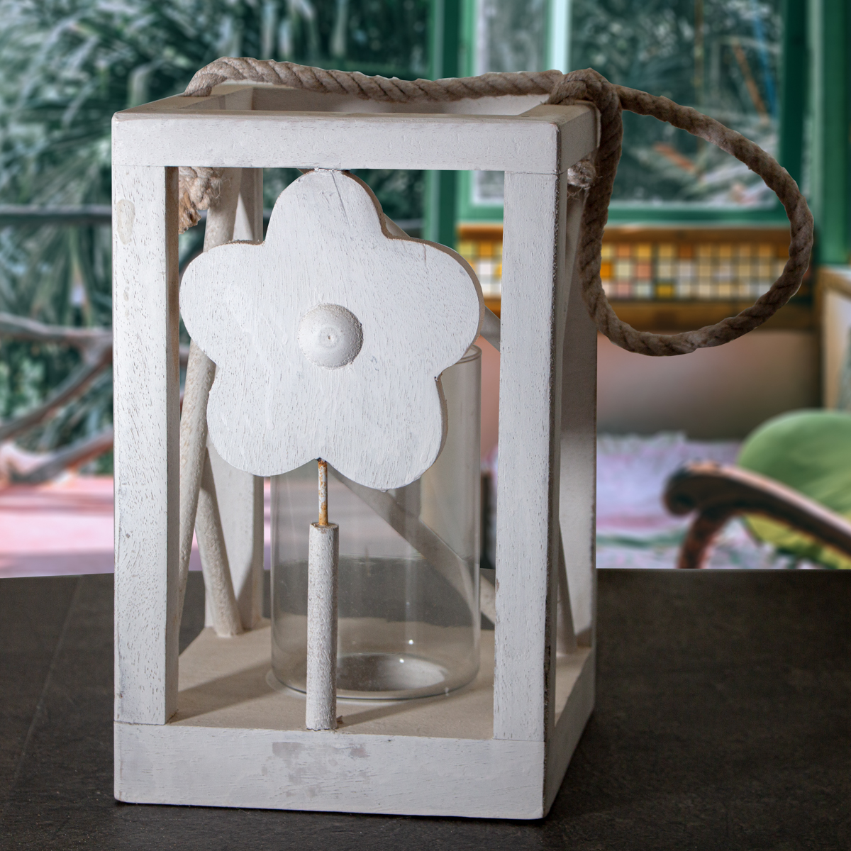 Laterne aus Holz, Windlicht, Blume, Weiß, Groß, Chabby Chic