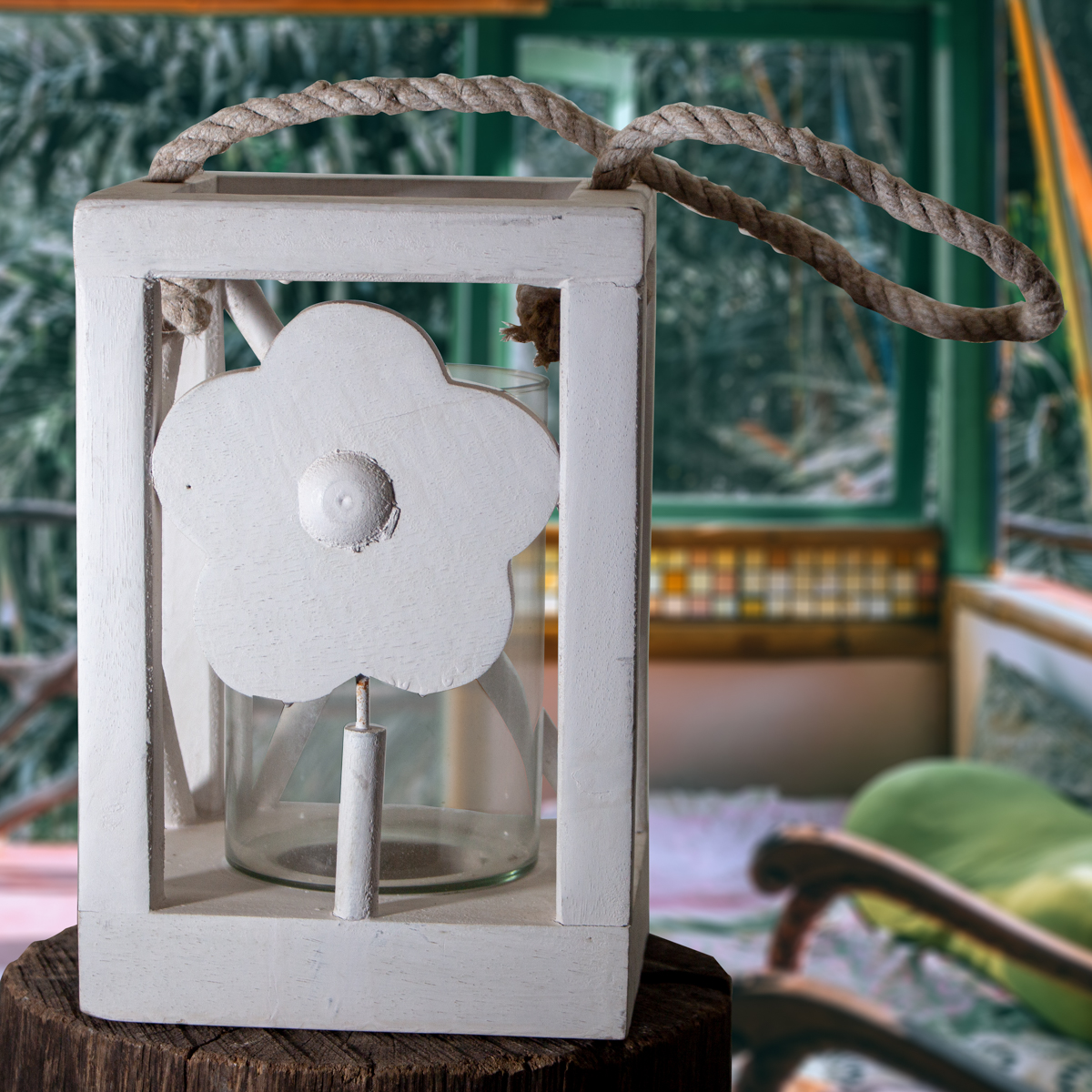 Laterne aus Holz, Windlicht, Blume, Weiß, Klein, Chabby Chic