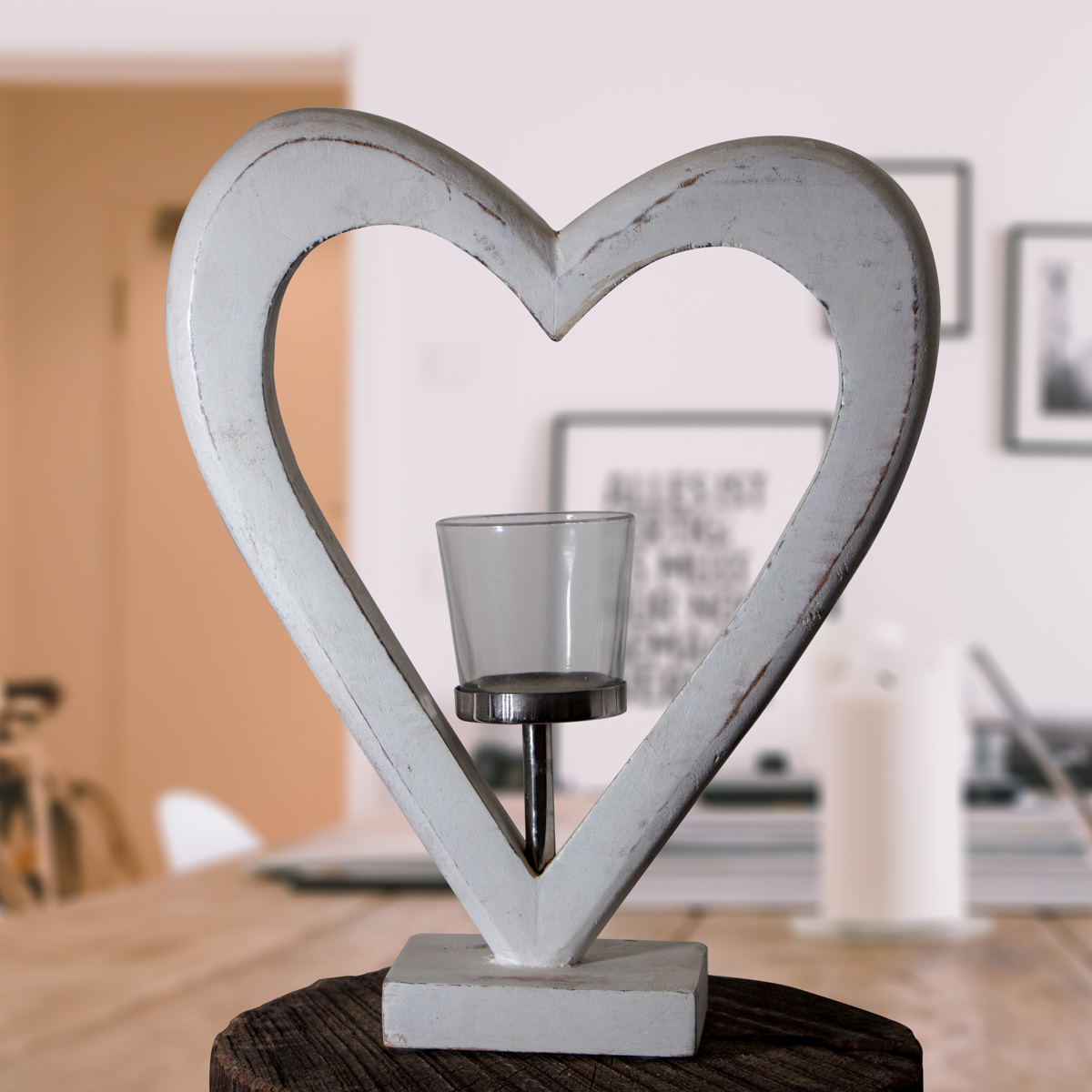 Laterne aus Holz, Windlicht, Herzform, Weiß, Chabby Chic