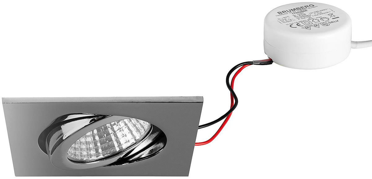 Brumberg LED Einbaustrahler, 230V, 6W, 3000K, 640 lm eckig, chrom, dimmbar, Rundkonverter - mit Netzteil - 82 x 4 mm