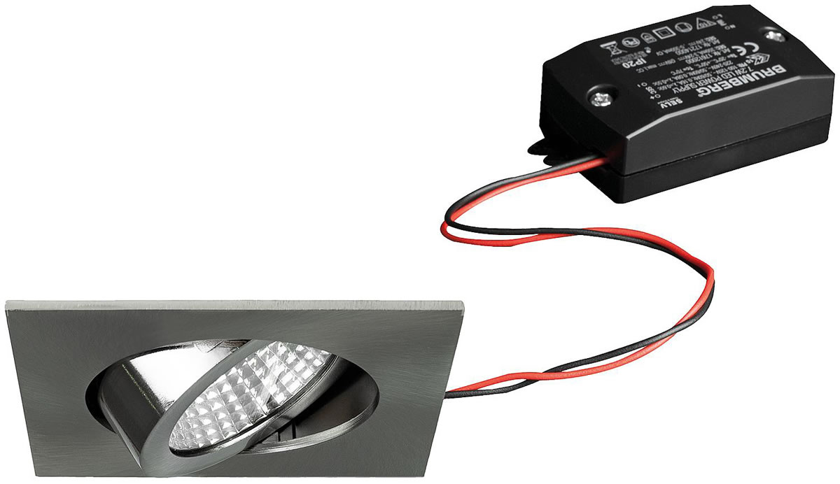 Brumberg LED Einbaustrahler, 230V, 6W, 3000K, 640 lm, eckig, nickel - mit Netzteil - 82 x 82 x 2 mm
