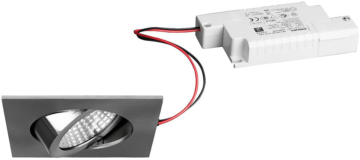 Brumberg LED Einbaustrahler, 230V, 6W, 3000K, 640 lm eckig, nickel, dimmbar - mit Netzteil - 82 x 4 mm