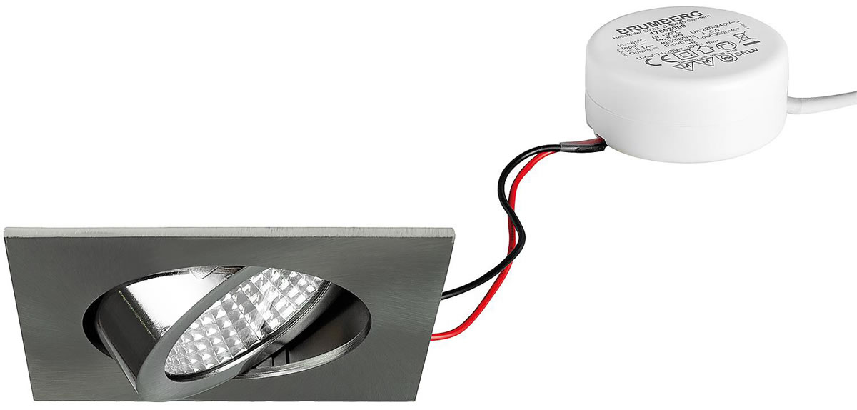 Brumberg LED Einbaustrahler, 230V, 6W, 3000K, 640 lm eckig, nickel, dimmbar, Rundkonverter - mit Netzteil - 82 x 4 mm