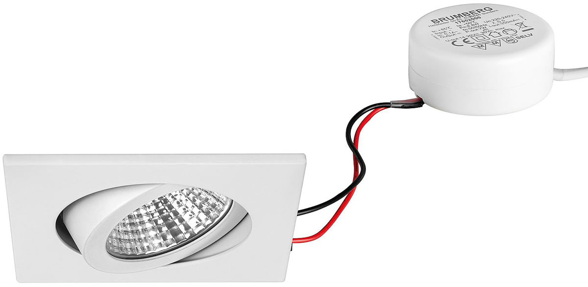 Brumberg LED Einbaustrahler, 230V, 6W, 3000K, 640 lm eckig, weiß, dimmbar, Rundkonverter - mit Netzteil - 82 x 4 mm