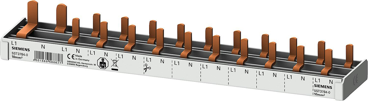 Stiftsammelschiene, 10 mm² 1x FI 2pol. N-rechts 10 x AFDD-LS Siemens 5ST3784-0 (12TE)