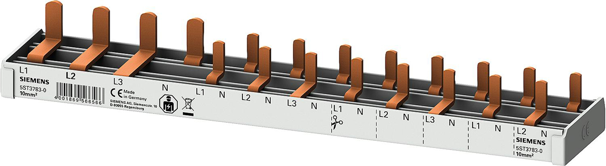Stiftsammelschiene, 10 mm² 1x FI 4pol. N-rechts 8x AFDD-LS Siemens 5ST3783-0 (12TE)