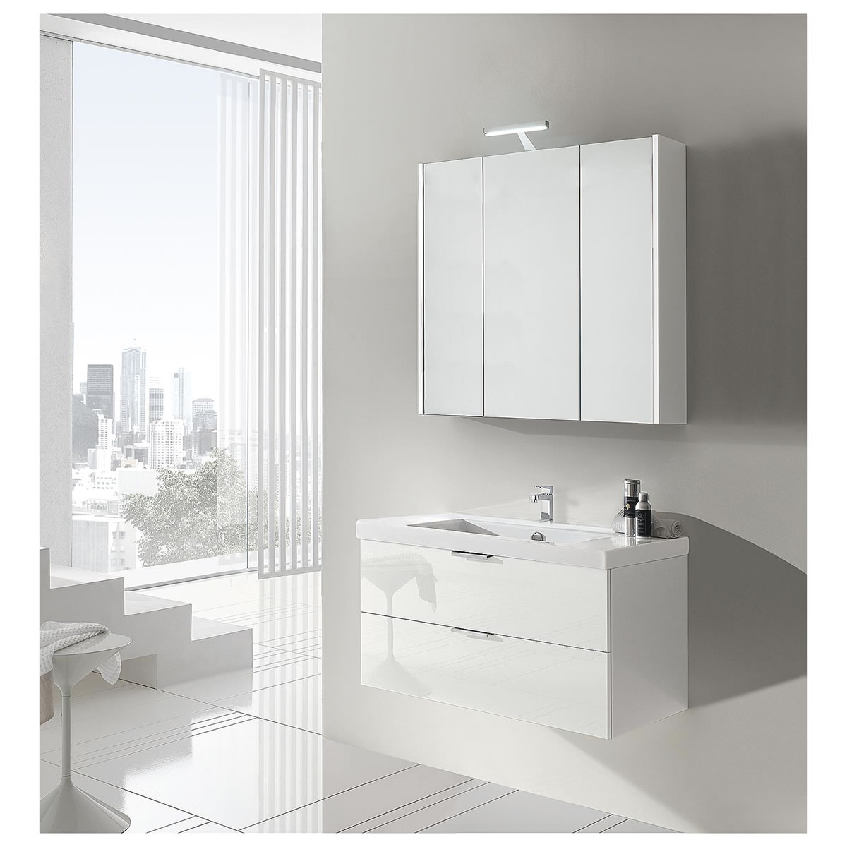 Badmöbel-Set EPIL Serie MBF, weiß Hochglanz, 2 Auszüge, Breite 860 mm - 93 230 58