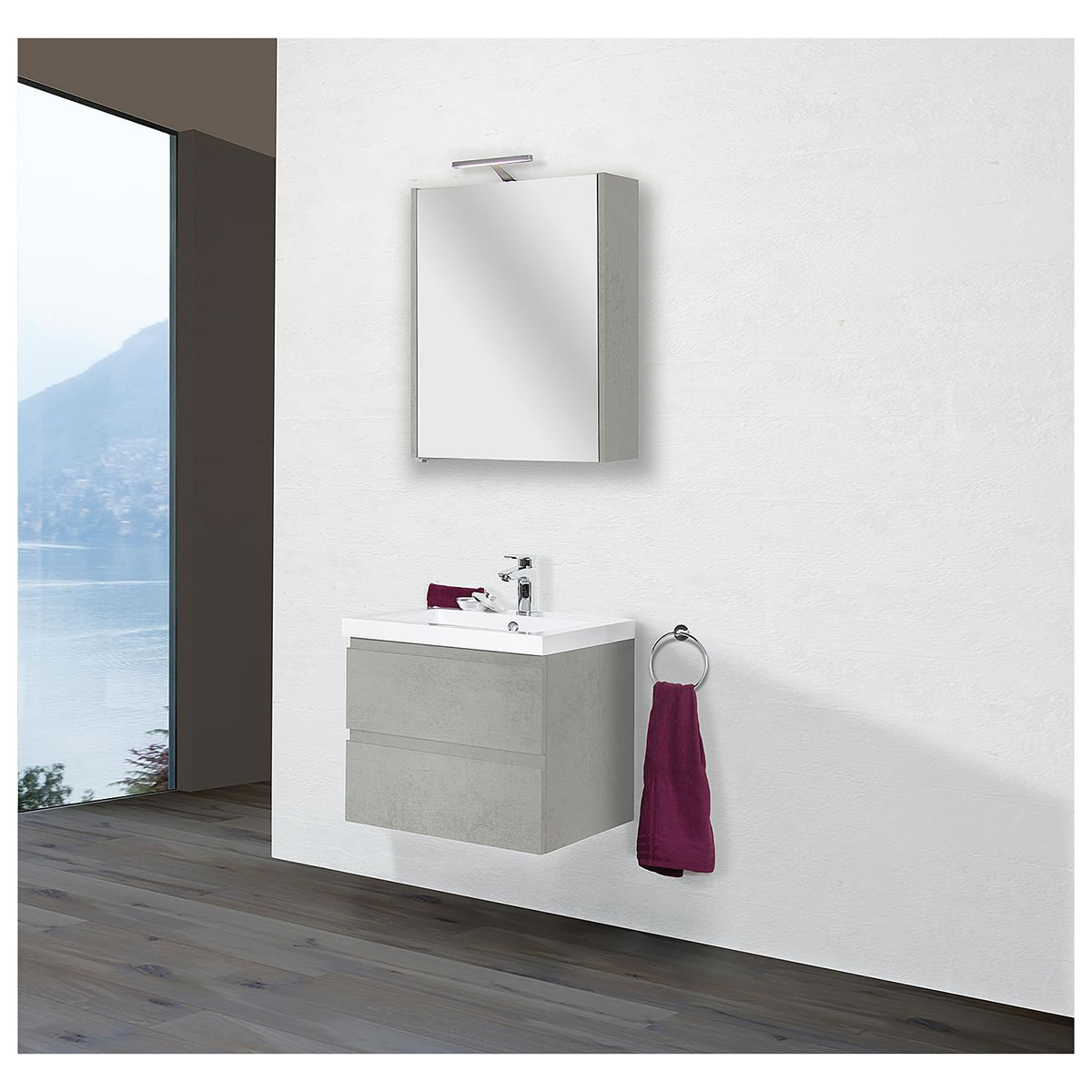 Badmöbel-Set ELAI Serie MBO, Eiche grau Steindekor, Breite 600 mm, 2 Auszüge - 93 231 18