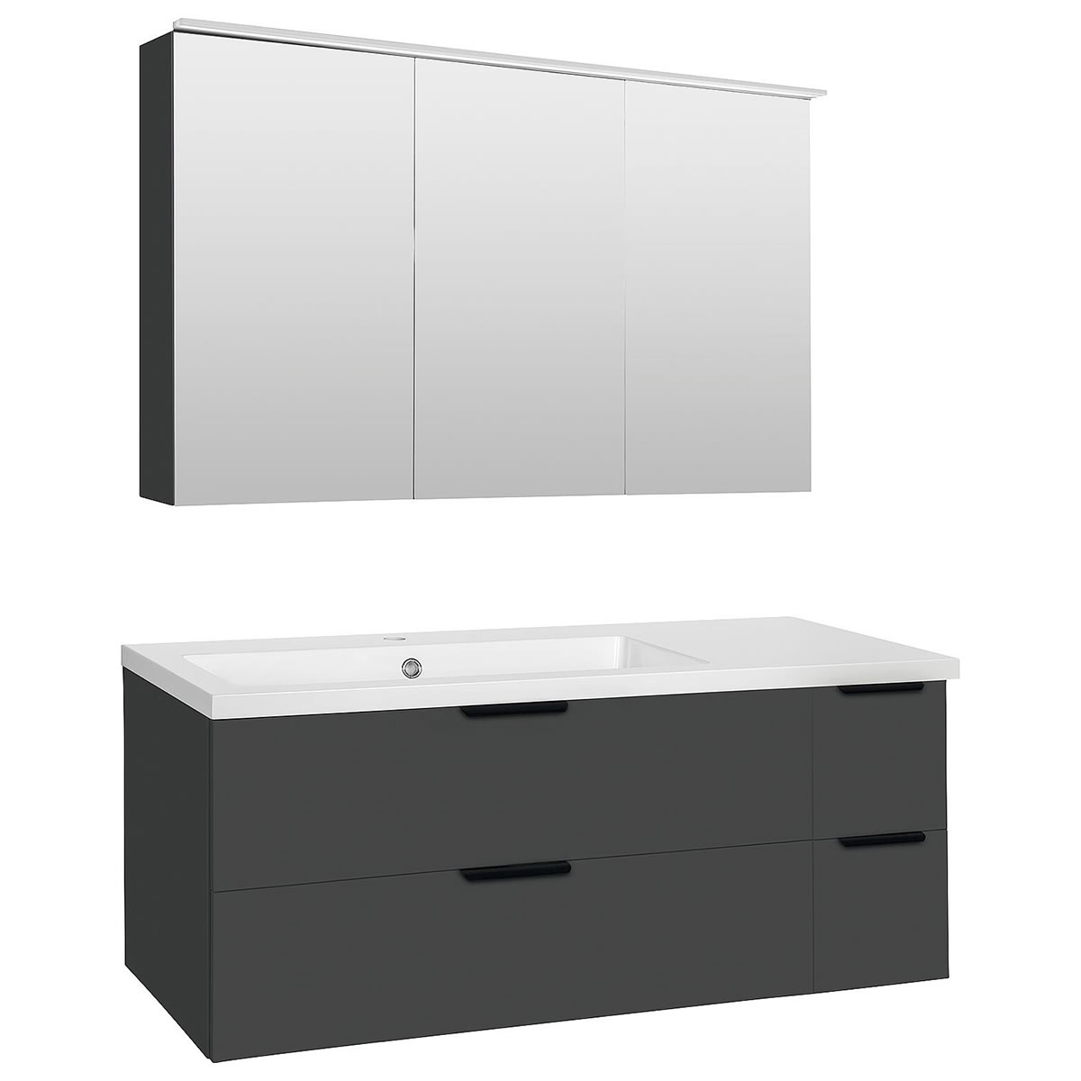 Badmöbel-Set LOSSA mit LED-Spiegelschrank anthrazit Hochglanz, 4 Auszüge, Breite 1210 mm