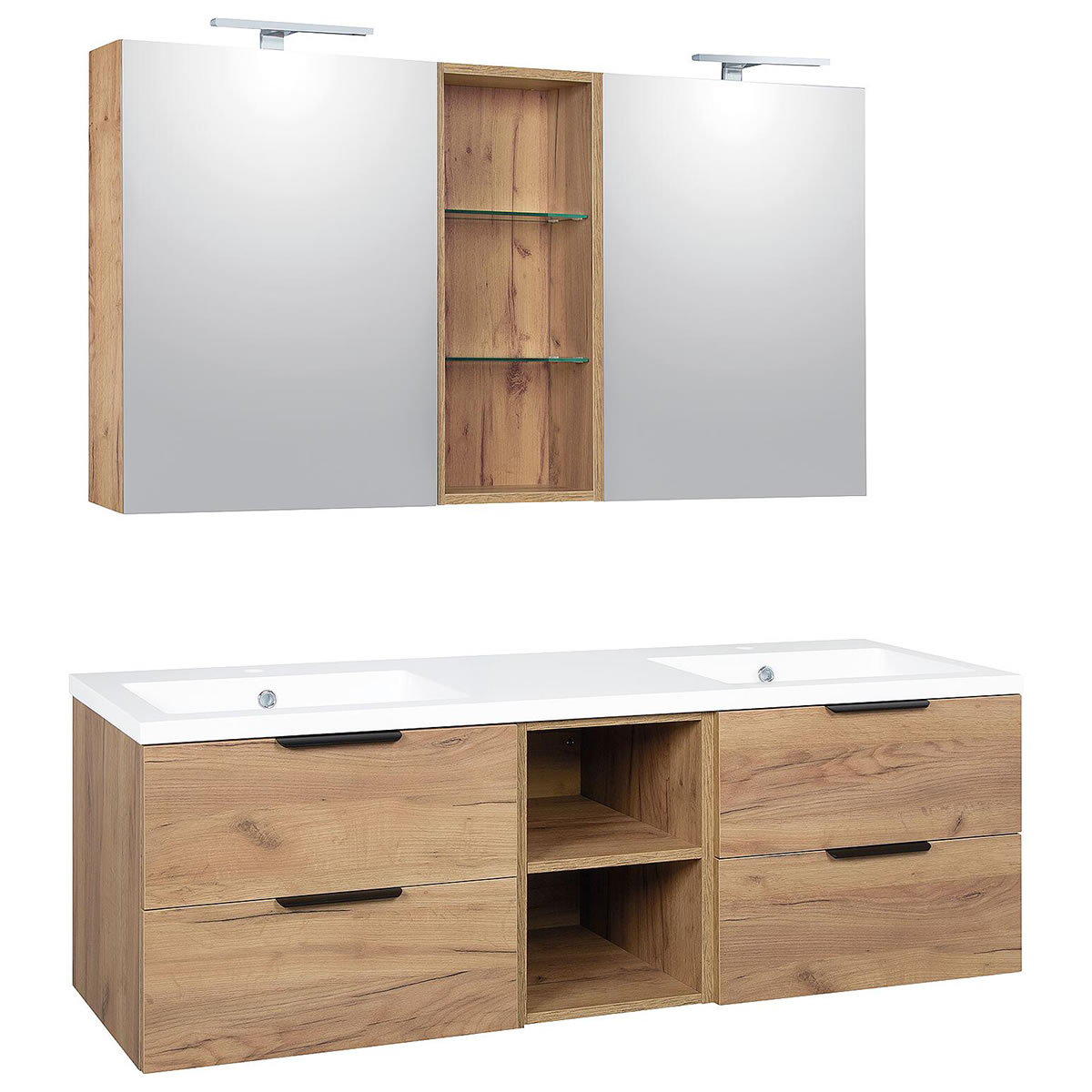 Badmöbel-Set LOSSA mit LED-Spiegelschrank asteiche Cortina, 4 Auszüge + 2 offene Regale, Breite 1550 mm