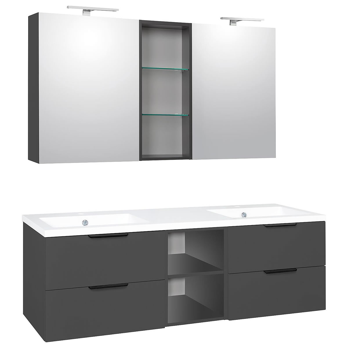 Badmöbel-Set LOSSA mit LED-Spiegelschrank anthrazit matt, 4 Auszüge + 2 offene Regale, Breite 1550 mm