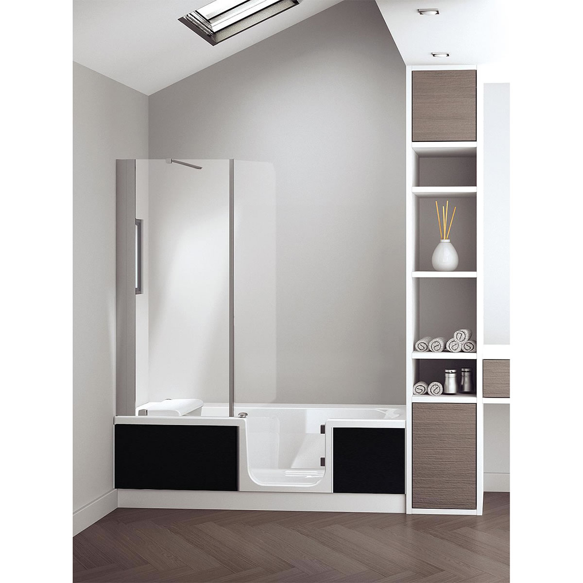 Badewanne Kinedo Duo-Eck mit Duschbereich links, Glasverkleidung, schwarz, 1600 x 590 x 750 mm - D4-1675-ER-GS-DK
