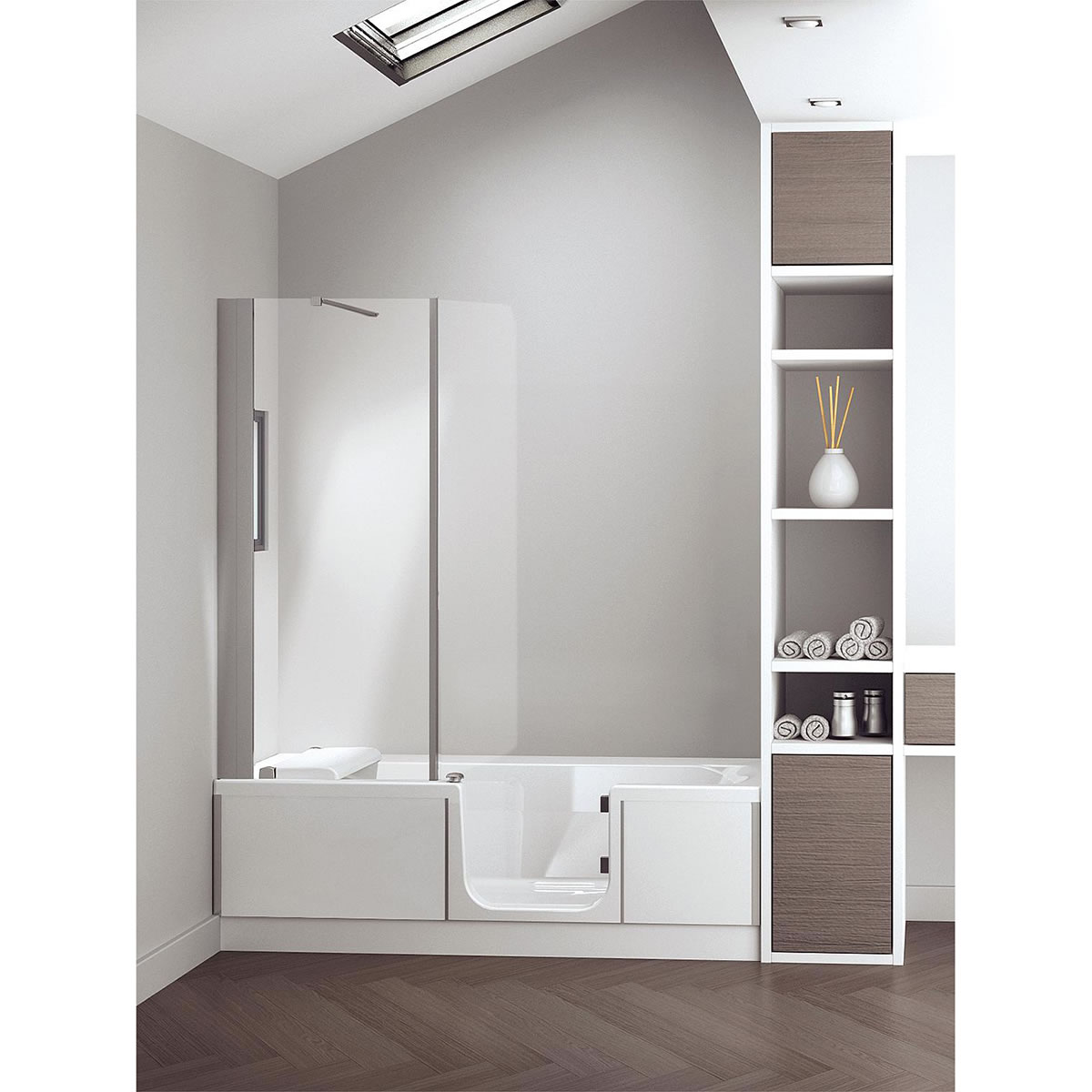 Badewanne Kinedo Duo-Eck mit Duschbereich links, Glasverkleidung, weiß, 1700 x 590 x 750 mm - D4-1775-ER-GW-DK