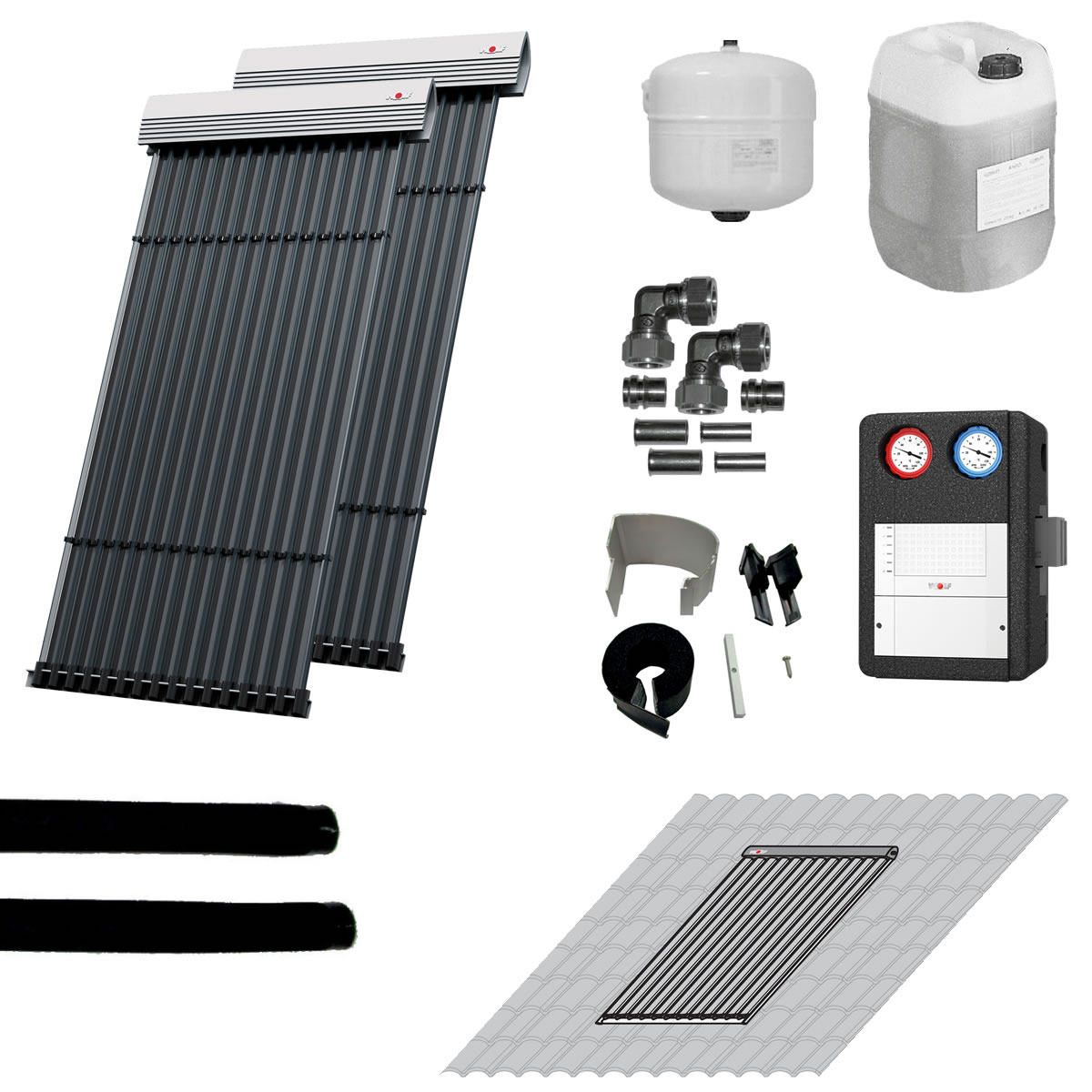 WOLF Solaranlage mit 2 Stk. CRK Kollektoren, SM2-2 Regelung und Zubehör zur solaren Nachrüstung - 2484854F45