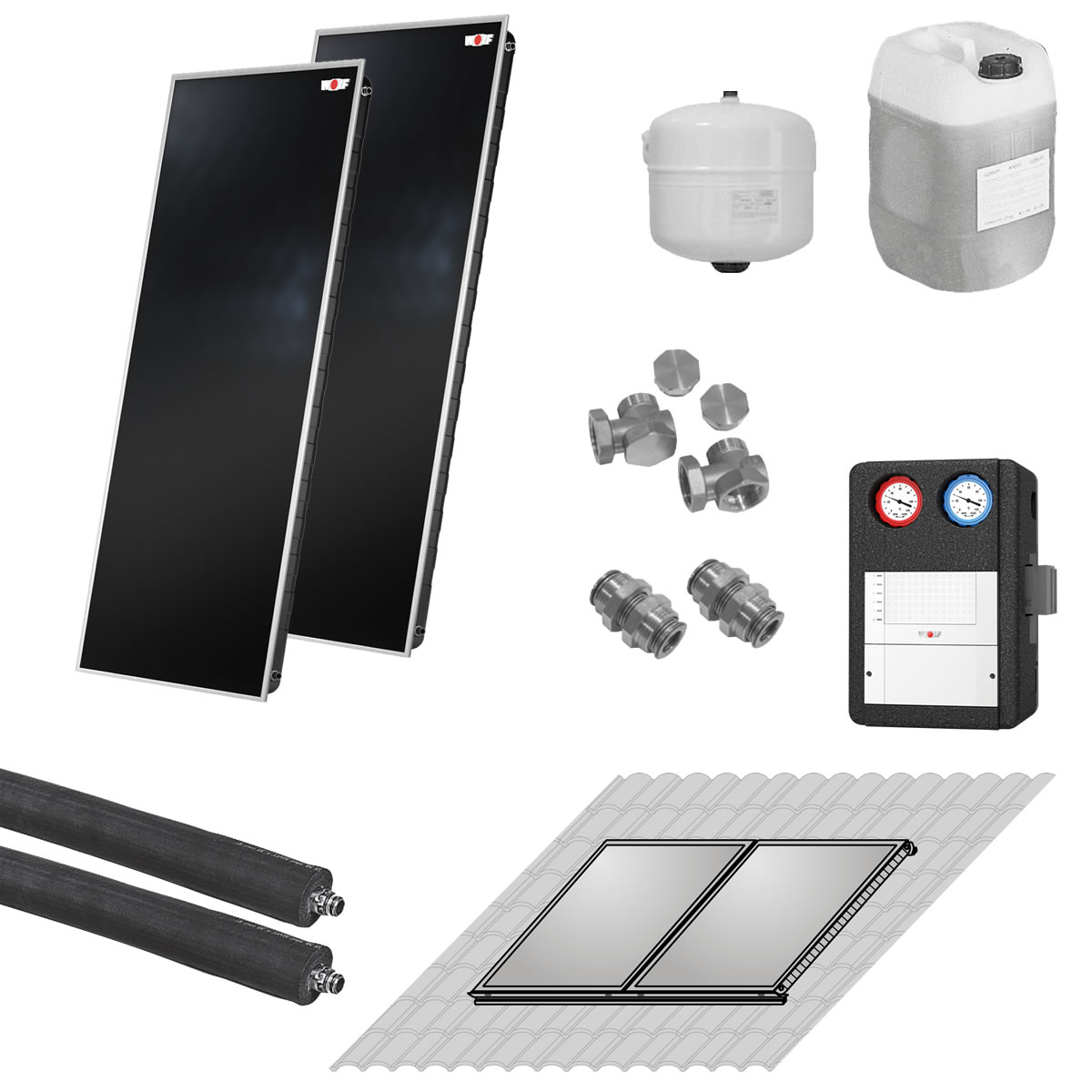 WOLF Solaranlage mit 2 Stk. TopSon F3-1 Kollektoren, SM1-2 Regelung und Zubehör zur solaren Nachrüstung - 2486517W01