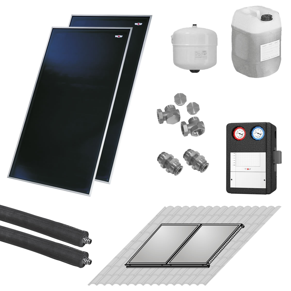 WOLF Solaranlage mit 2 Stk. CFK-1 Kollektoren, SM1-2 Regelung und Zubehör zur solaren Nachrüstung - 2486524W01