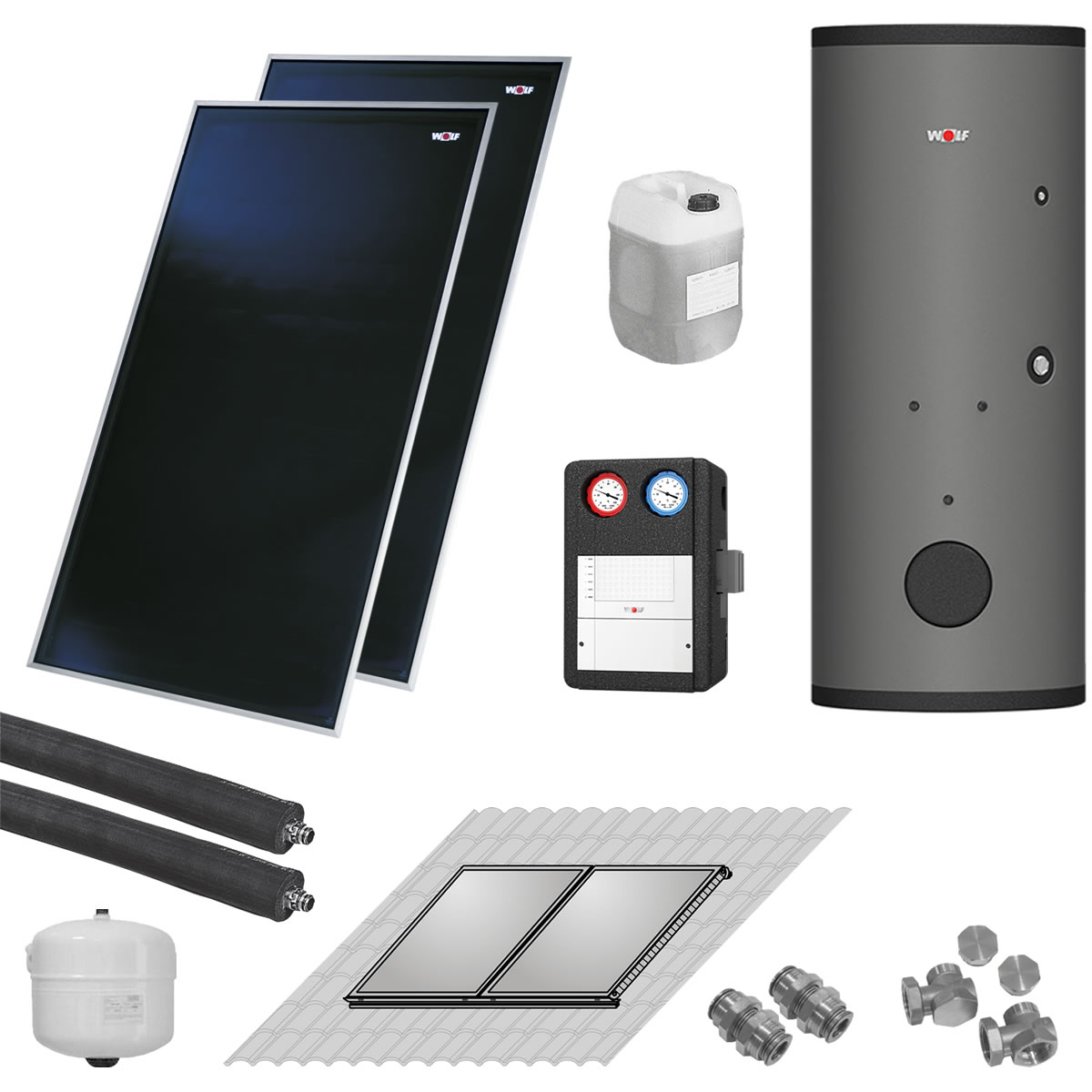 WOLF Solaranlage mit 2 Stk. CFK-1 Kollektoren, SM1-2 Regelung und Solarspeicher SEM-2-300 - 2486524W02