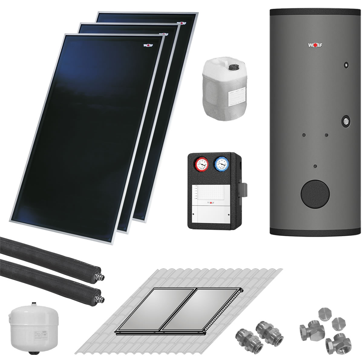 WOLF Solaranlage mit 3 Stk. CFK-1 Kollektoren, SM2-2 Regelung und Solarspeicher SEM-2-400 - 2486524W08