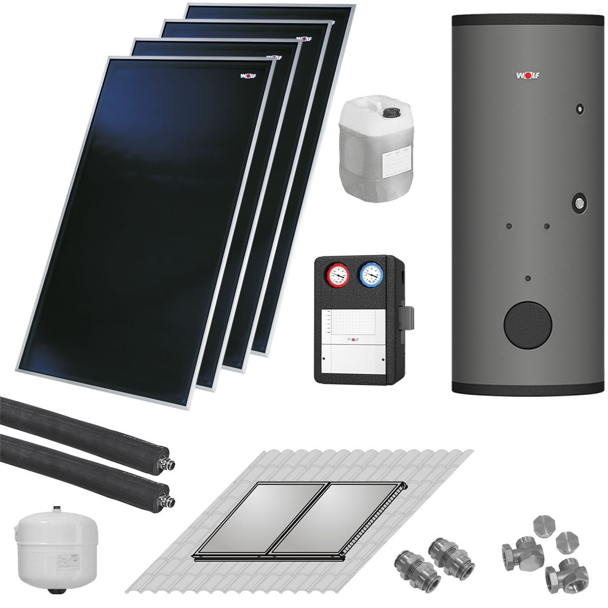 WOLF Solaranlage mit 4 Stk. CFK-1 Kollektoren, SM1-2 Regelung und Solarspeicher SEM-1-500 - 2486524W10