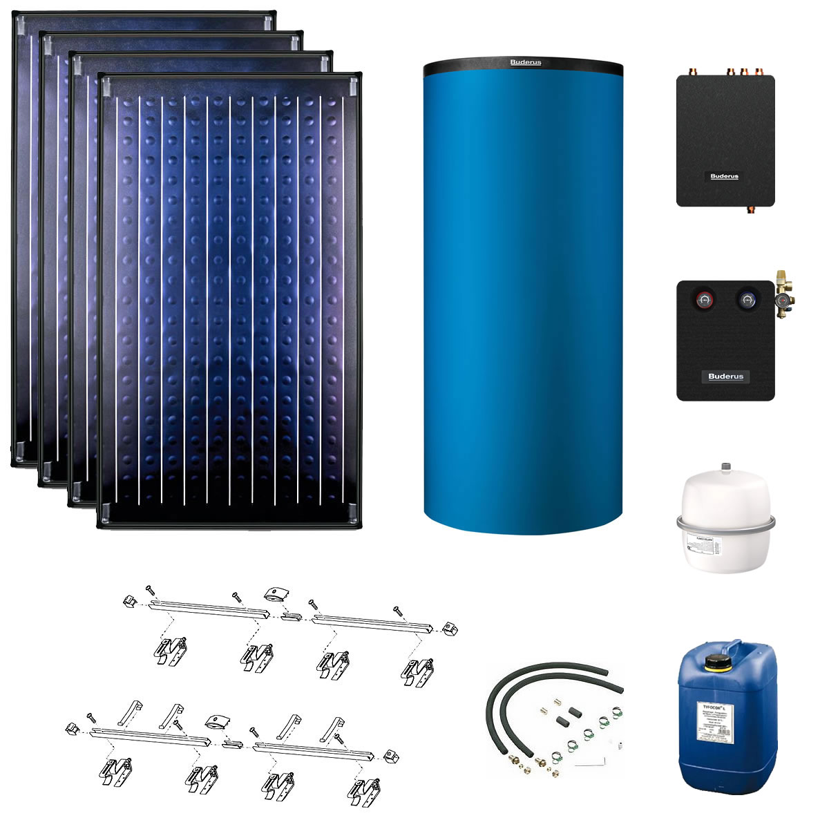 Buderus Solaranlage Logaplus S77 - 4 Kollektoren (9,48m²) SKN4.0-s mit Pufferspeicher PNR750 blau und Frischwasserstation - 7739610777