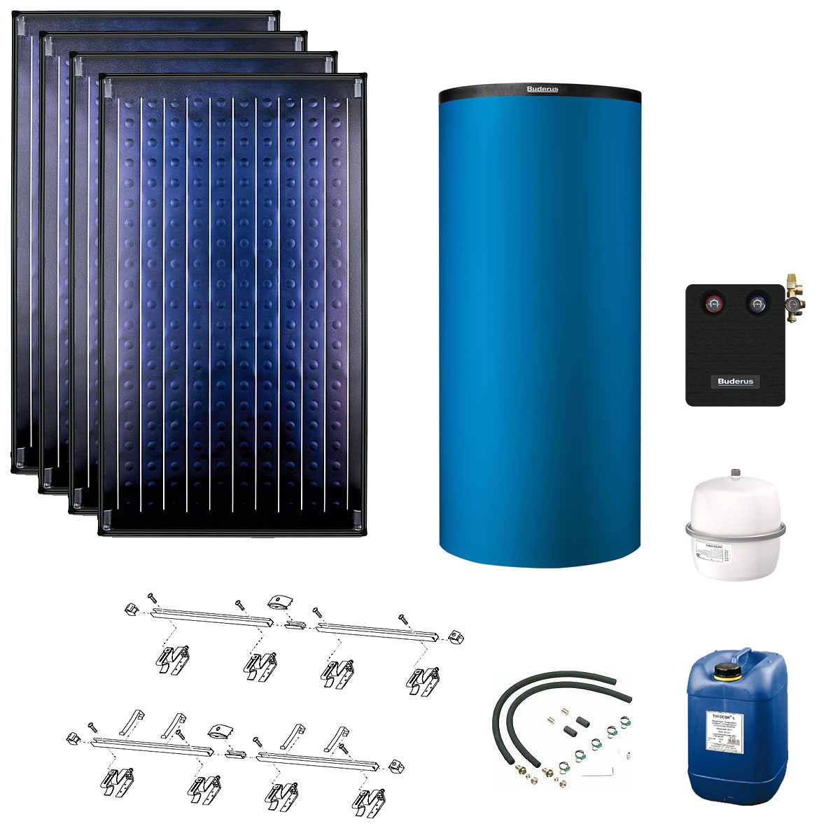 Buderus Solaranlage Logaplus S75 - 4 Kollektoren (9,48m²) SKN4.0-s mit Kombispeicher Logalux P750 S blau - 7739612881