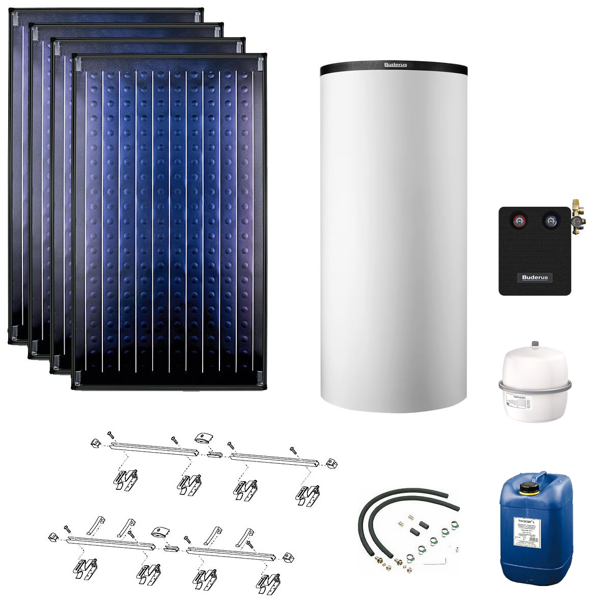 Buderus Solaranlage Logaplus S75 - 4 Kollektoren (9,48m²) SKN4.0-s mit Kombispeicher Logalux P750 S weiß - 7739612882