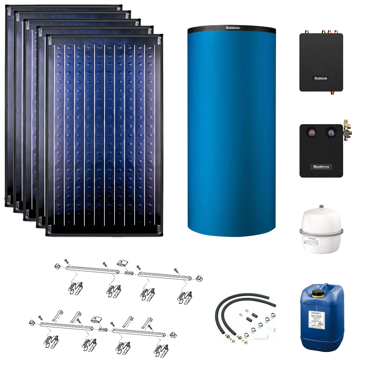 Buderus Solaranlage Logaplus S77 - 5 Kollektoren (11,85m²) SKN4.0-s mit Pufferspeicher PNR750 blau und Frischwasserstation - 7739610781