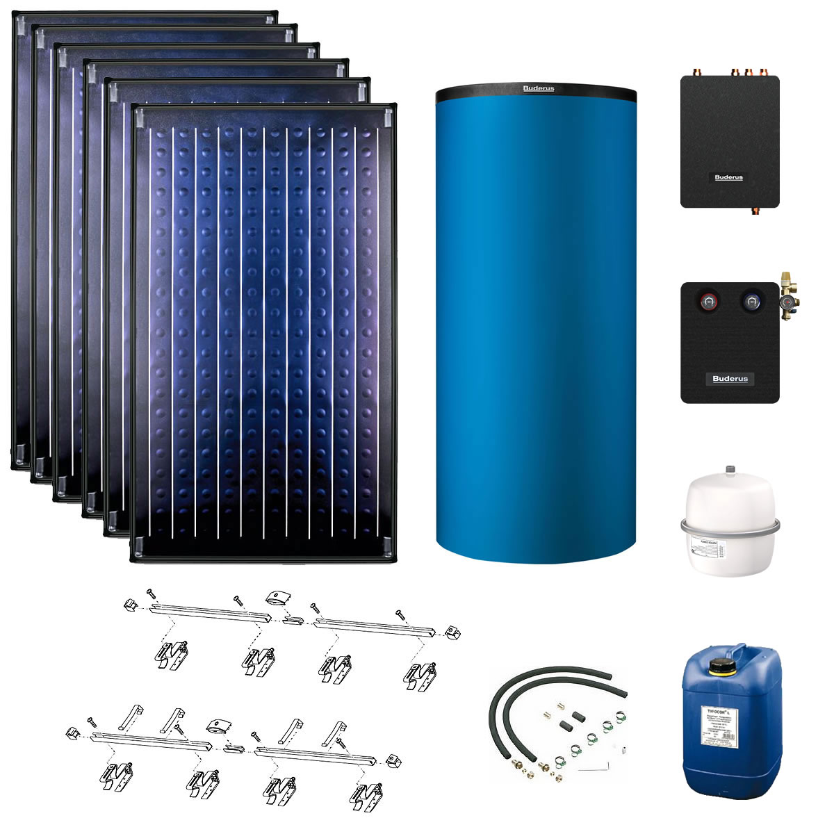 Buderus Solaranlage Logaplus S77 - 6 Kollektoren (14,22m²) SKN4.0-s mit Pufferspeicher PNR1000 blau und Frischwasserstation - 7739610785