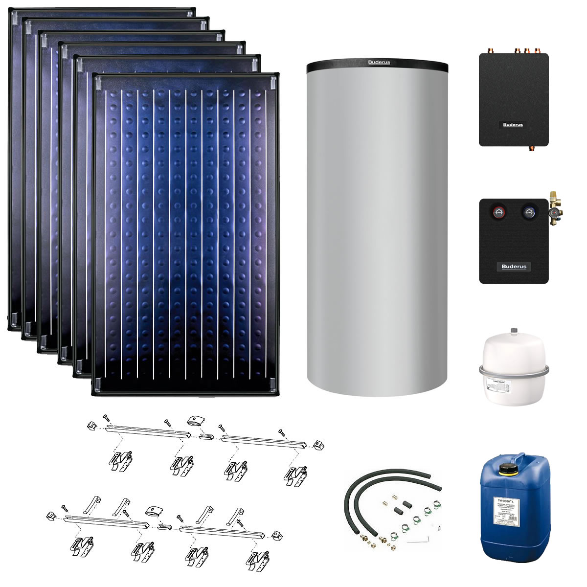 Buderus Solaranlage Logaplus S77 - 6 Kollektoren (14,22m²) SKN4.0-s mit Pufferspeicher PNR1000 silber und Frischwasserstation - 7739612999