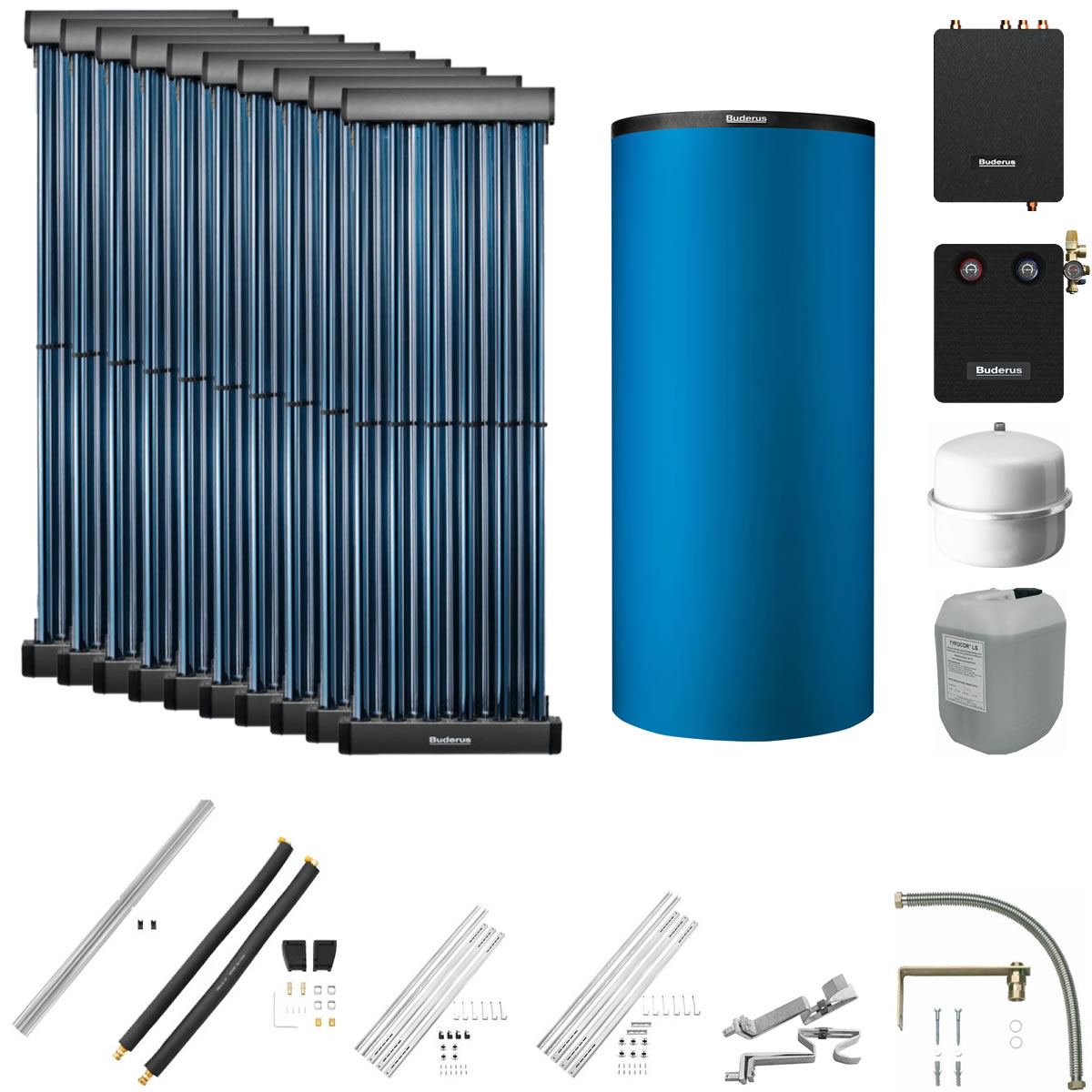 Buderus Solaranlage Logaplus S83 - 10 Kollektoren (12,2m²) SKR10 CPC mit Pufferspeicher PNR1000 blau und Frischwasserstation - 7739610775