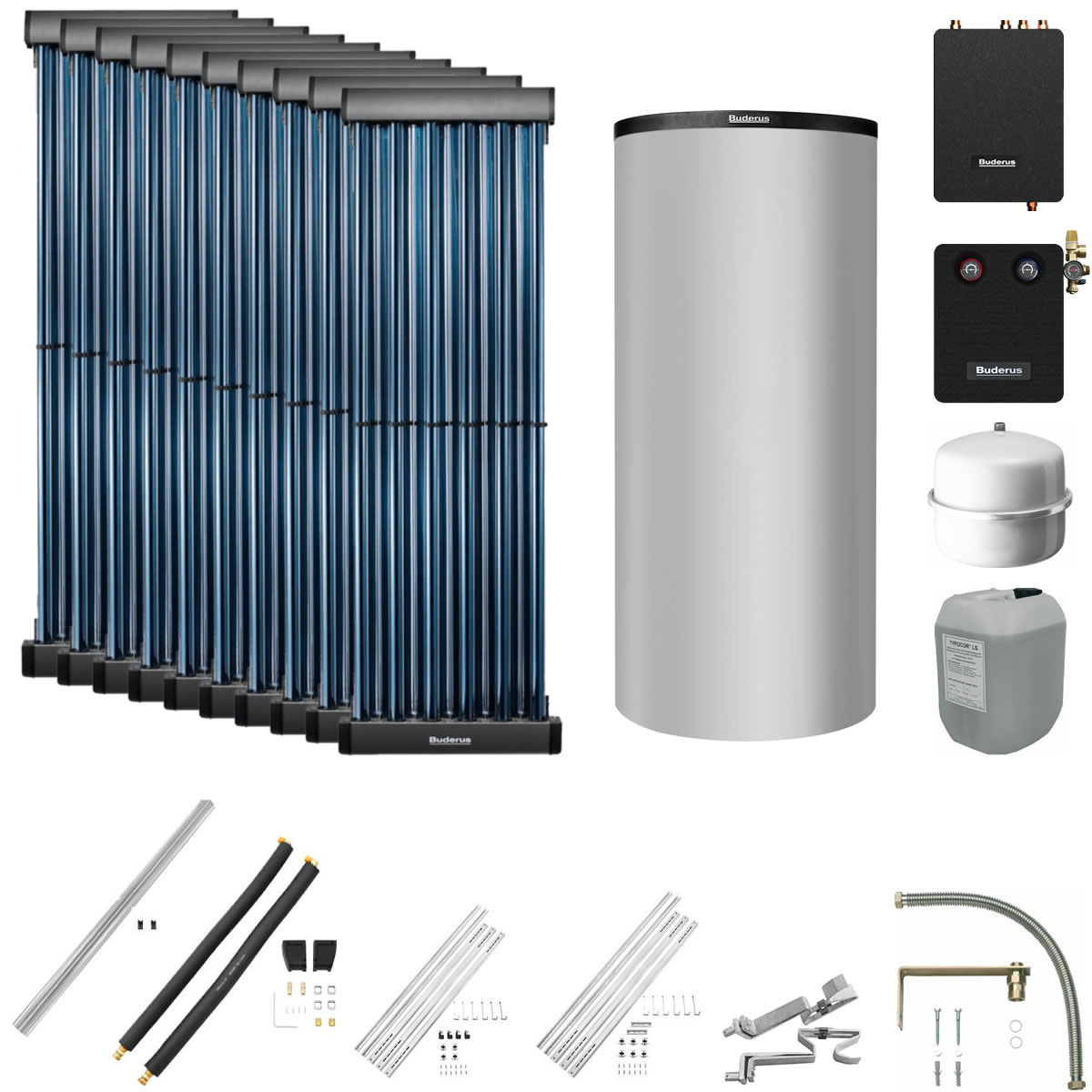 Buderus Solaranlage Logaplus S83 - 10 Kollektoren (12,2m²) SKR10 CPC mit Pufferspeicher PNR1000 silber und Frischwasserstation - 7739613009
