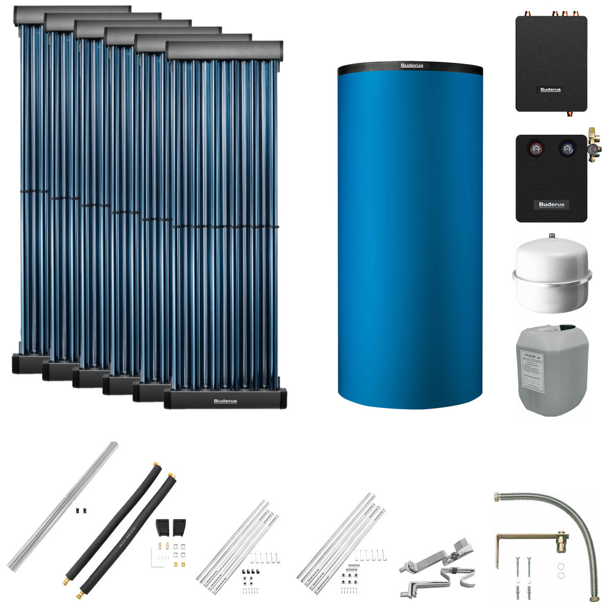 Buderus Solaranlage Logaplus S83 - 6 Kollektoren (7,32m²) SKR10 CPC mit Pufferspeicher PNR750 blau und Frischwasserstation - 7739610771