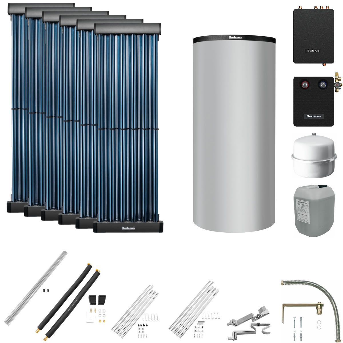Buderus Solaranlage Logaplus S83 - 6 Kollektoren (7,32m²) SKR10 CPC mit Pufferspeicher PNR750 silber und Frischwasserstation - 7739613007