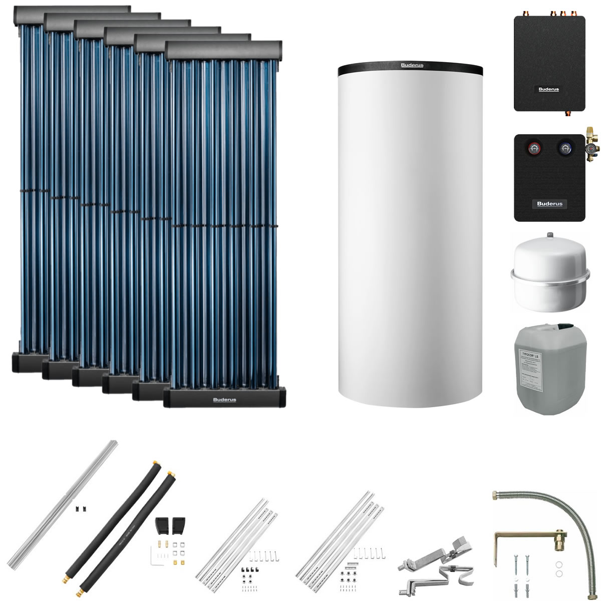 Buderus Solaranlage Logaplus S83 - 6 Kollektoren (7,32m²) SKR10 CPC mit Pufferspeicher PNR750 weiß und Frischwasserstation - 7739610772