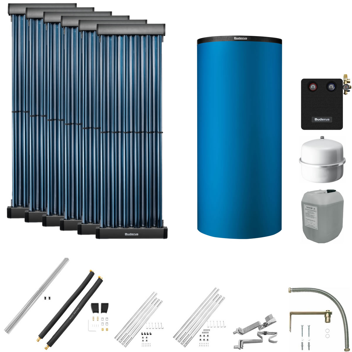 Buderus Solaranlage Logaplus S116 - 6 Kollektoren (7,32m²) SKR10 CPC mit Kombispeicher Logalux P750 S blau - 7739612897