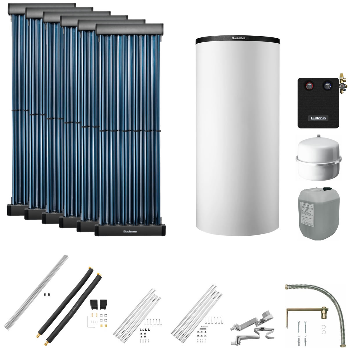 Buderus Solaranlage Logaplus S116 - 6 Kollektoren (7,32m²) SKR10 CPC mit Kombispeicher Logalux P750 S weiß - 7739612898
