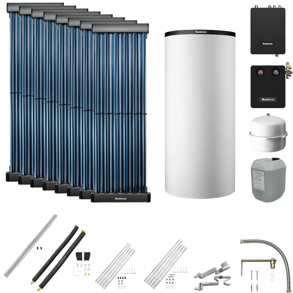 Buderus Solaranlage Logaplus S83 - 8 Kollektoren (9,76m²) SKR10 CPC mit Pufferspeicher PNR750 weiß und Frischwasserstation - 7739610774
