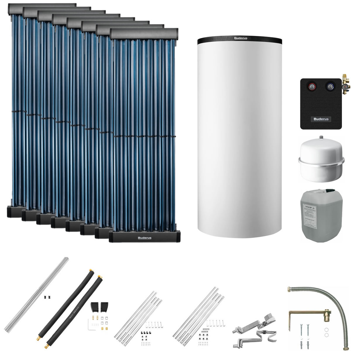 Buderus Solaranlage Logaplus S116 - 8 Kollektoren (9,76m²) SKR10 CPC mit Kombispeicher Logalux P750 S weiß - 7739612900