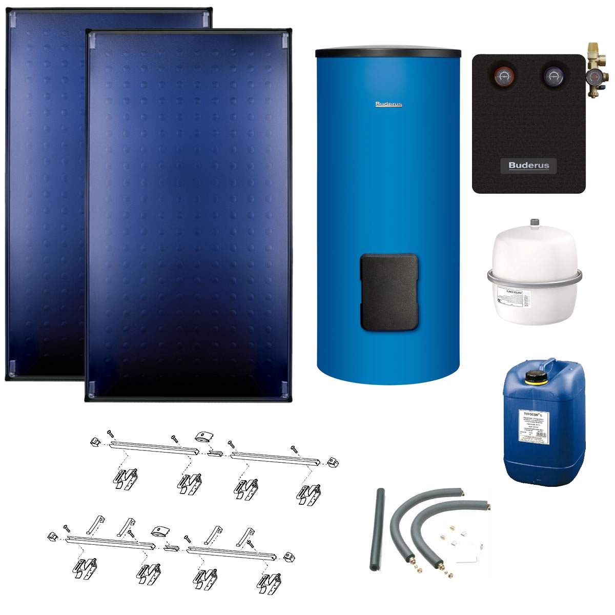 Buderus Solaranlage Logaplus S86 - 2 Kollektoren (5,1m²) SKT1.0-s mit Solarspeicher Logalux SM300-C blau - 7739602995