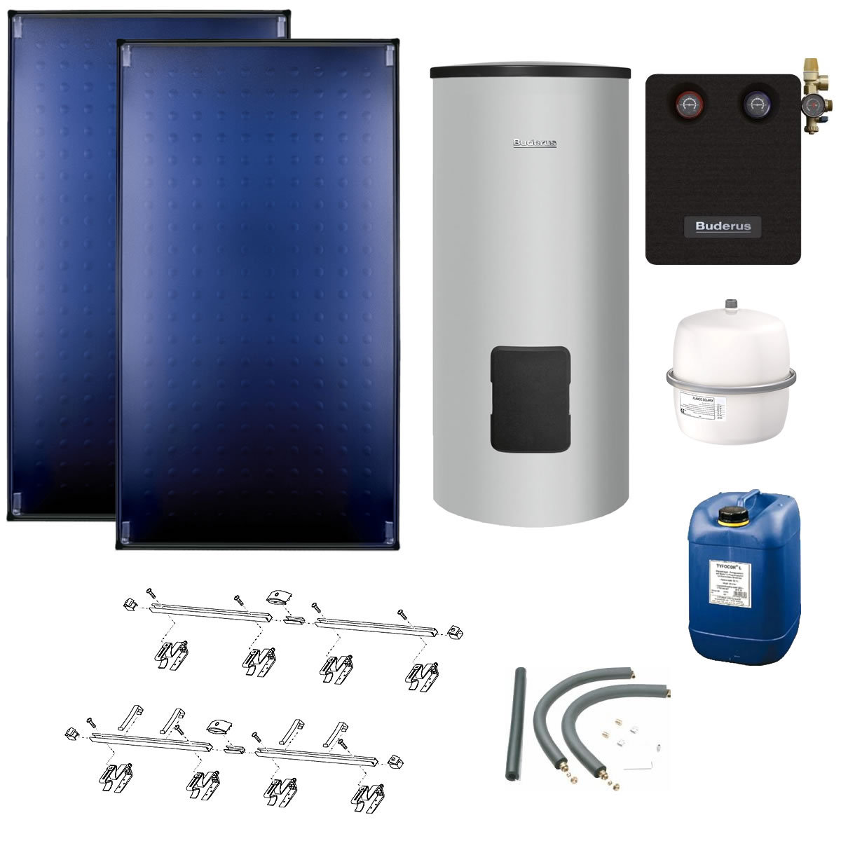 Buderus Solaranlage Logaplus S86 - 2 Kollektoren (5,1m²) SKT1.0-s mit Solarspeicher Logalux SM300-C silber - 7739612842