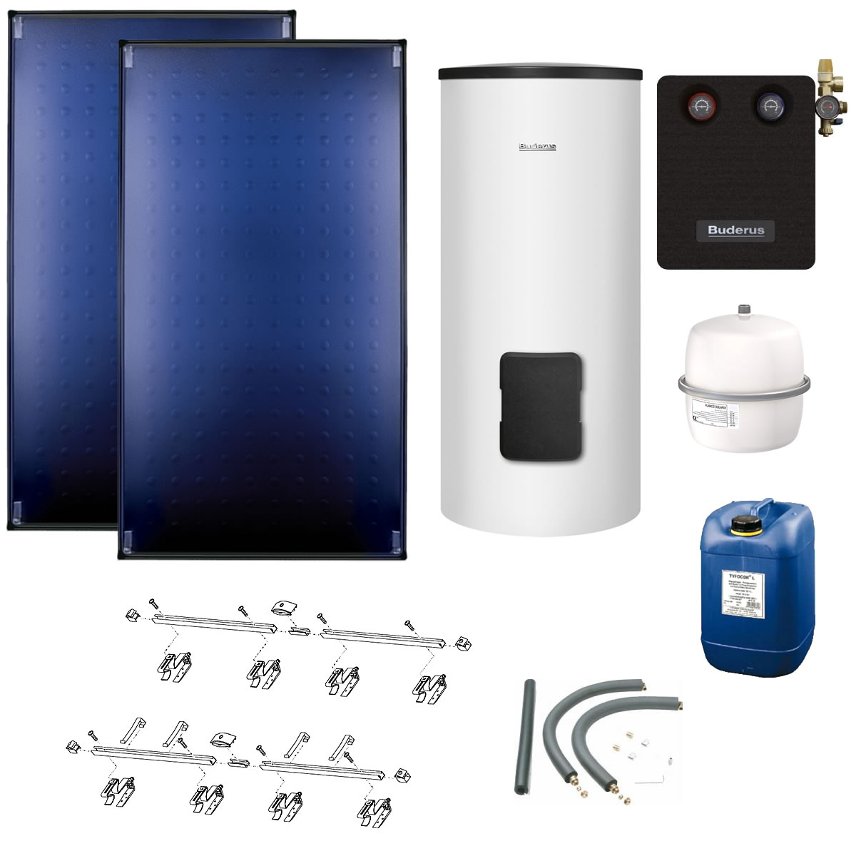 Buderus Solaranlage Logaplus S86 - 2 Kollektoren (5,1m²) SKT1.0-s mit Solarspeicher Logalux SM300-C weiß - 7739602996