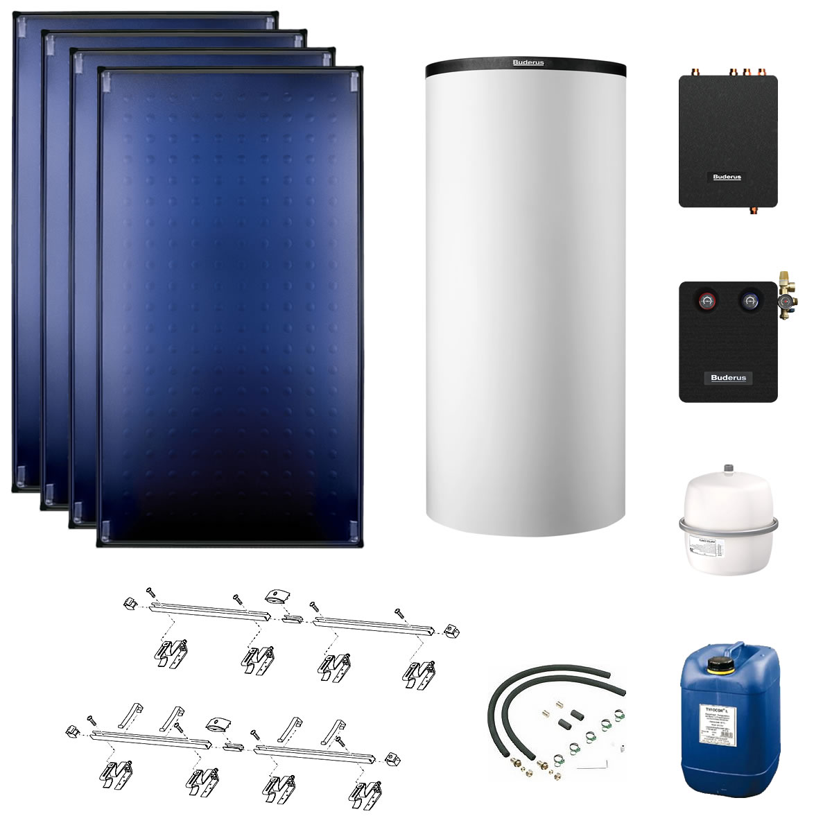 Buderus Solaranlage Logaplus S94 - 4 Kollektoren (10,2m²) SKT1.0-s mit Pufferspeicher PNR750 weiß und Frischwasserstation - 7739610790