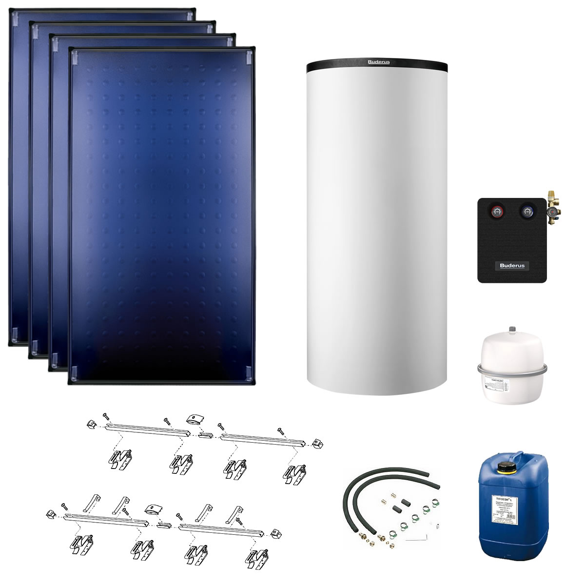 Buderus Solaranlage Logaplus S90 - 4 Kollektoren (10,2m²) SKT1.0-s mit Kombispeicher Logalux P750 S weiß - 7739612890