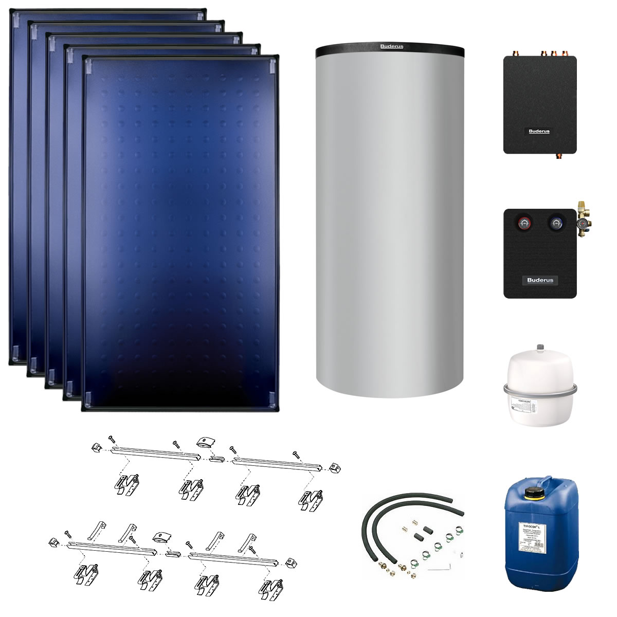 Buderus Solaranlage Logaplus S94 - 5 Kollektoren (12,75m²) SKT1.0-s mit Pufferspeicher PNR750 silber und Frischwasserstation - 7739613003