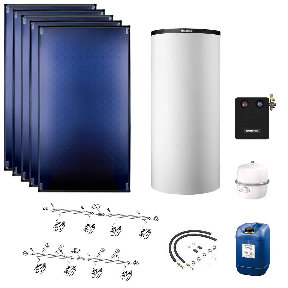 Buderus Solaranlage Logaplus S90 - 5 Kollektoren (15,3m²) SKT1.0-s mit Kombispeicher Logalux P750 S weiß - 7739612894