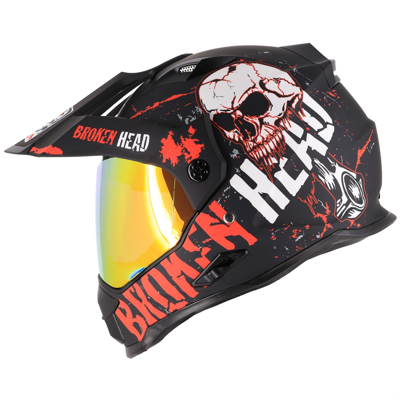 Broken Head Endurohelm Bone Crusher Rot + Rot Verspiegeltes Visier
