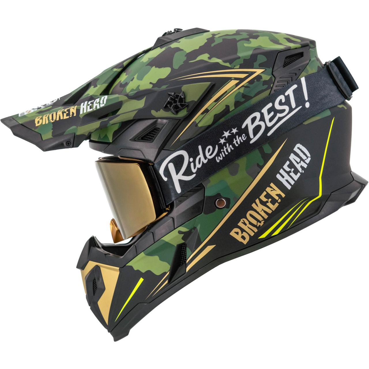Broken Head Crosshelm Squadron Rebelution Gold + MX-Brille MadRex 'Ride with ...