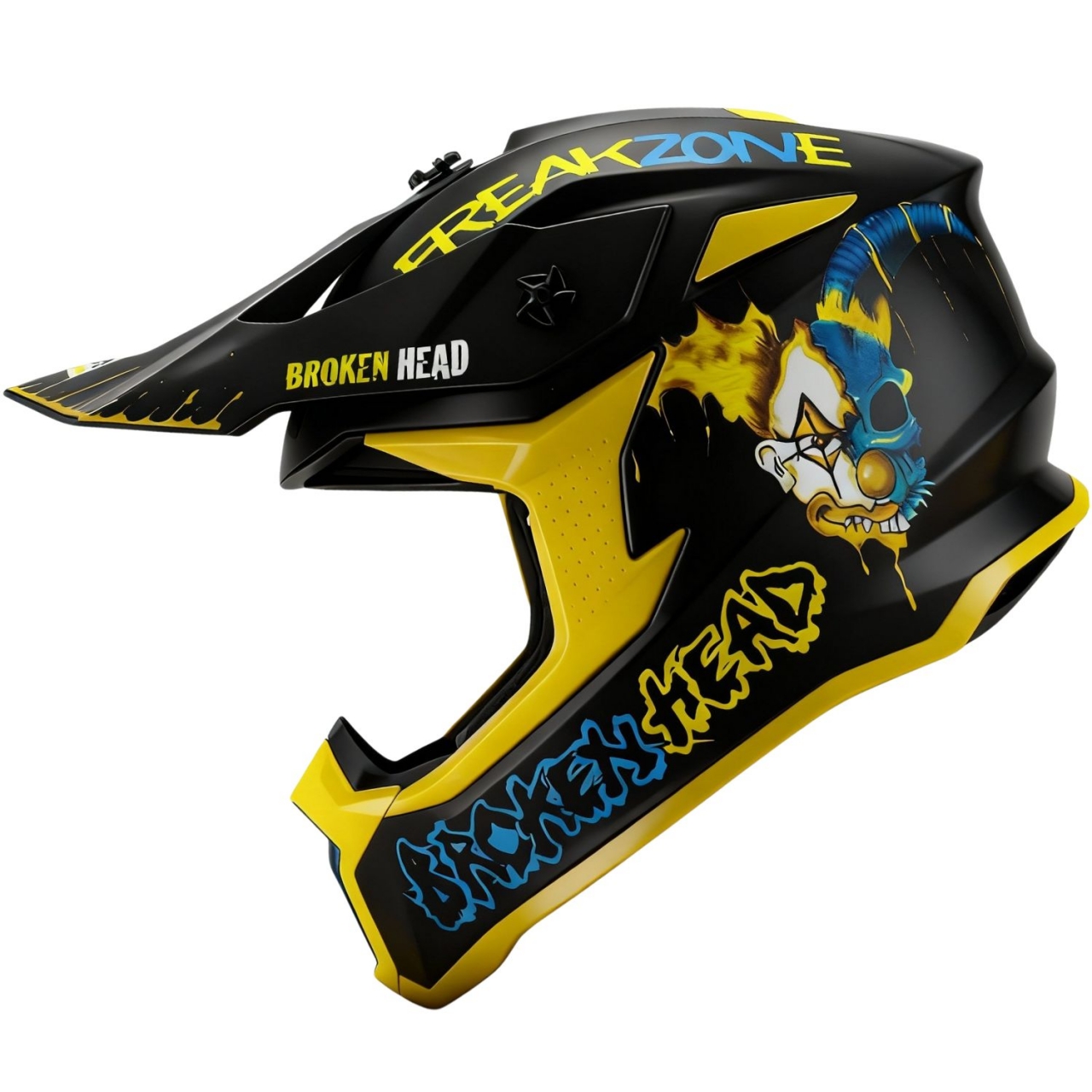 Broken Head Supermoto und MX-Helm FreakZone Schwarz-Gelb-Blau
