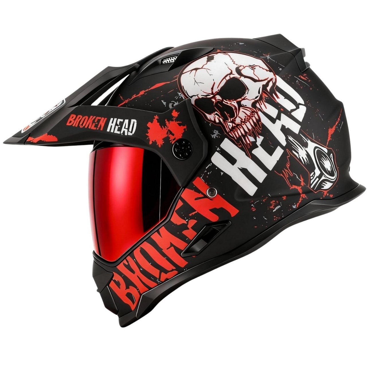 Broken Head Endurohelm Bone Crusher Rot + Rot Verspiegeltes Visier